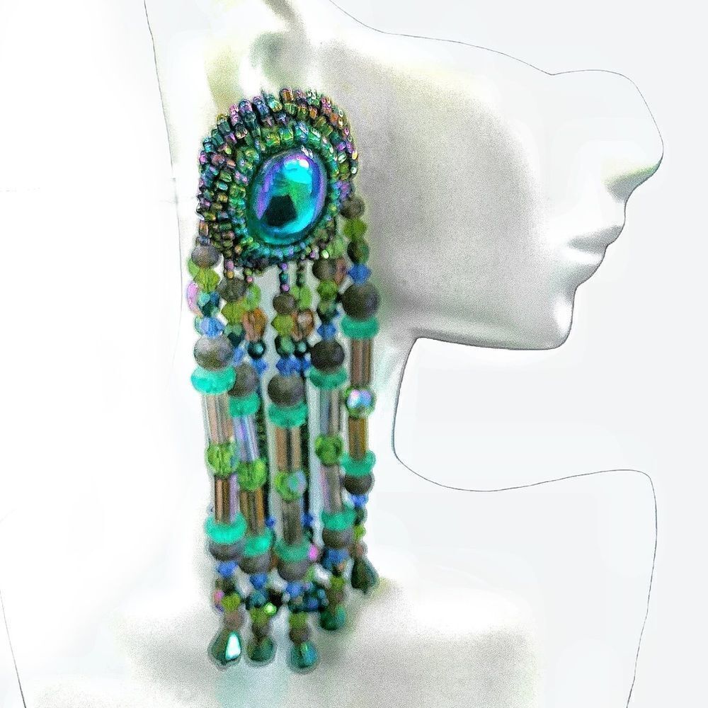 Vintage hand beaded shoulder duster blue iridescent chandelier earrings clip